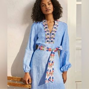 BODEN linen & embroidered dress sz US 2 size UK 6 blue with belt